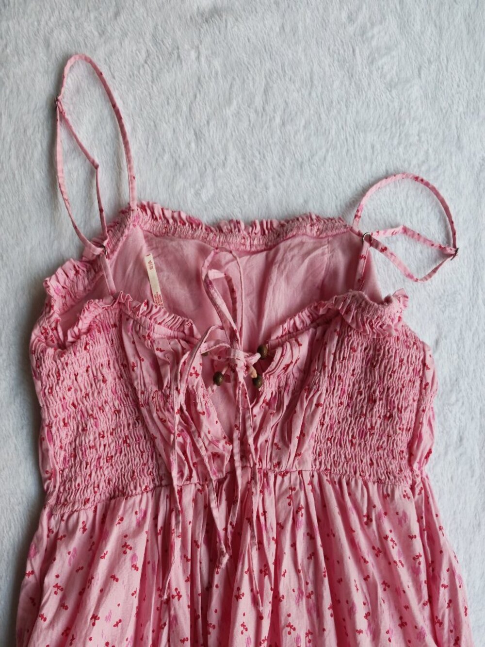 Free People Gabby Mini Dress Pink Cherry Print Size XS Boho Cottagecore Smocked - Picture 12 of 16